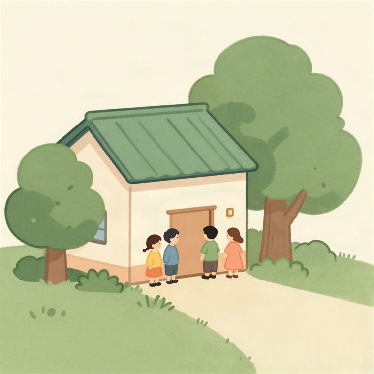 緑にかこまれた一軒家の前に立つ人たちのイラスト