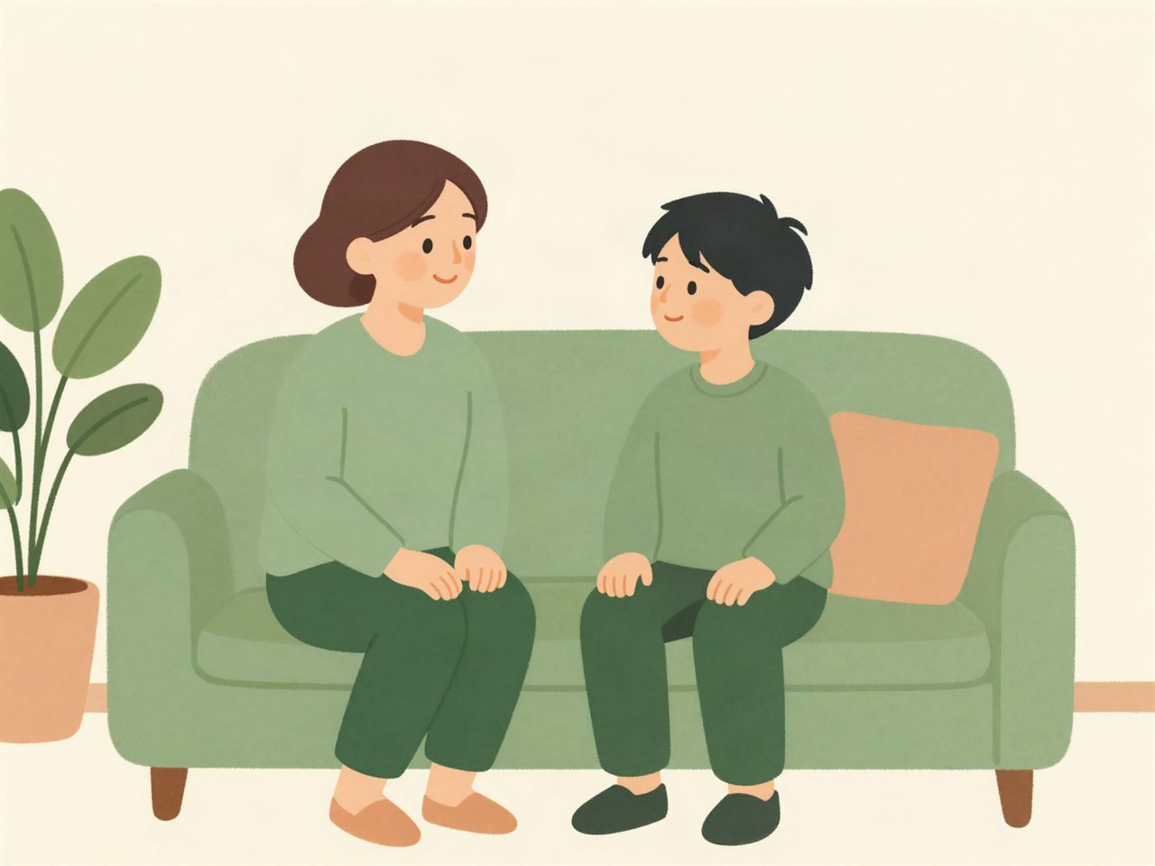 ソファに並んで座り、これからの住まいについて話す親子のイラスト